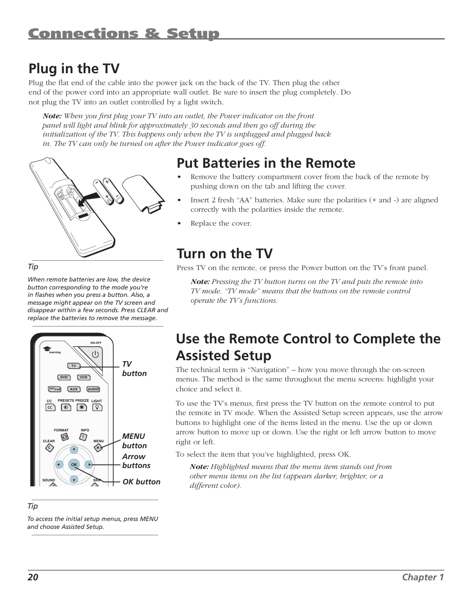 Connections & setup, Plug in the tv, Put batteries in the remote | Turn on the tv, 20 chapter 1 | RCA HD50LPW167 User Manual | Page 22 / 96