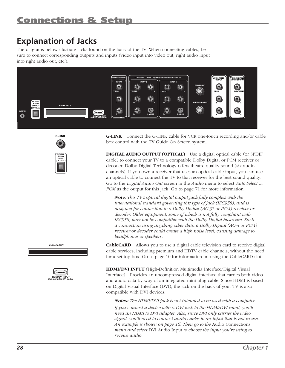 Connections & setup, Explanation of jacks, 28 chapter 1 | RCA HD50LPW167 User Manual | Page 30 / 96