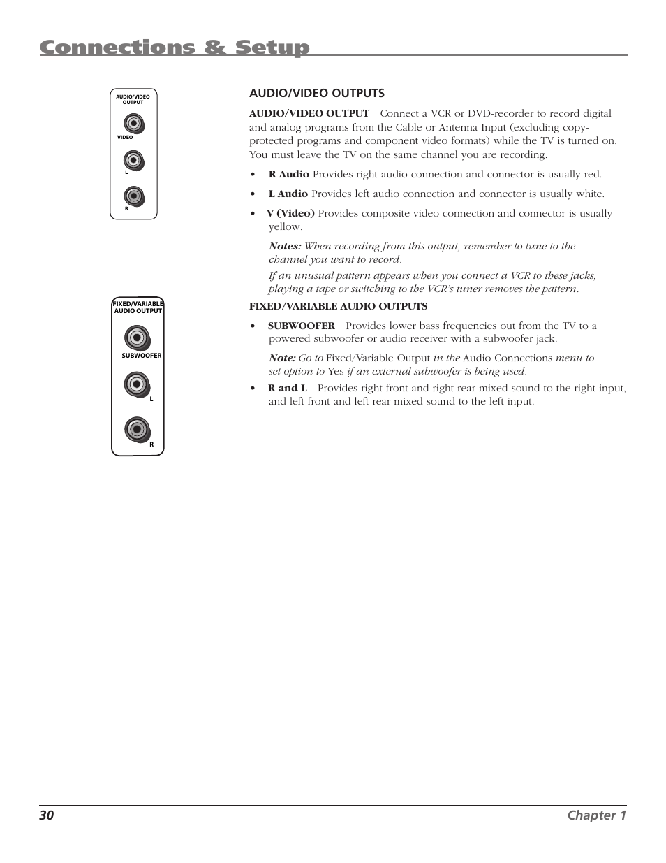 Connections & setup, 30 chapter 1, Audio /video outputs | RCA HD50LPW167 User Manual | Page 32 / 96