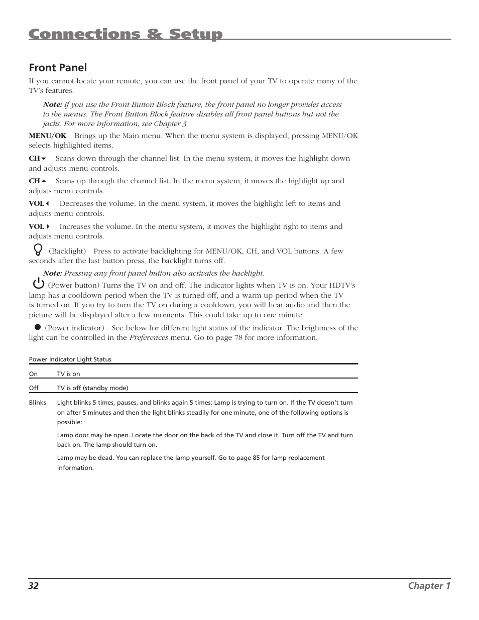 Connections & setup, Front panel, 32 chapter 1 | RCA HD50LPW167 User Manual | Page 34 / 96