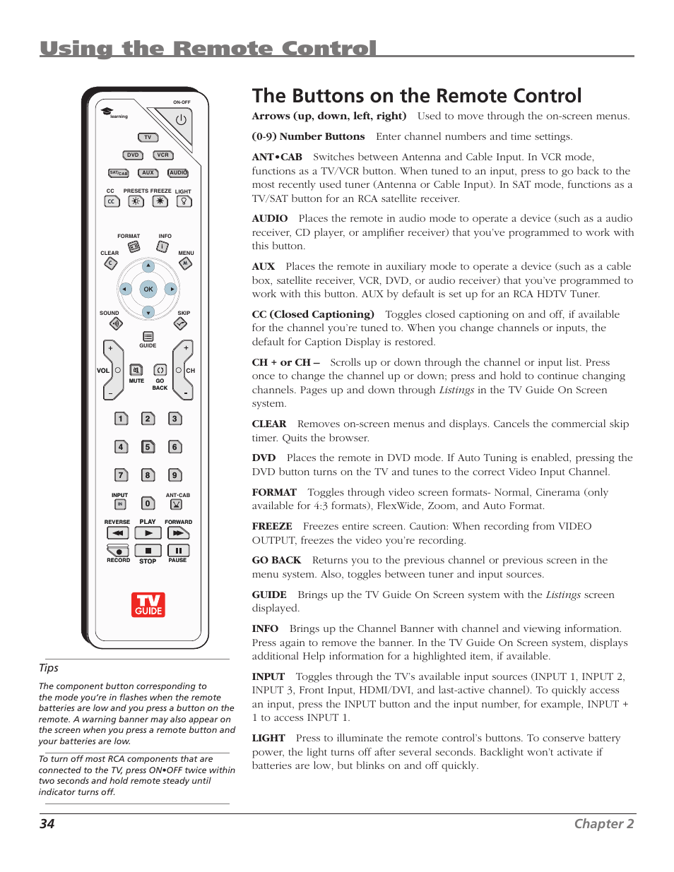 Using the remote control, The buttons on the remote control, 34 chapter 2 | Tips | RCA HD50LPW167 User Manual | Page 36 / 96