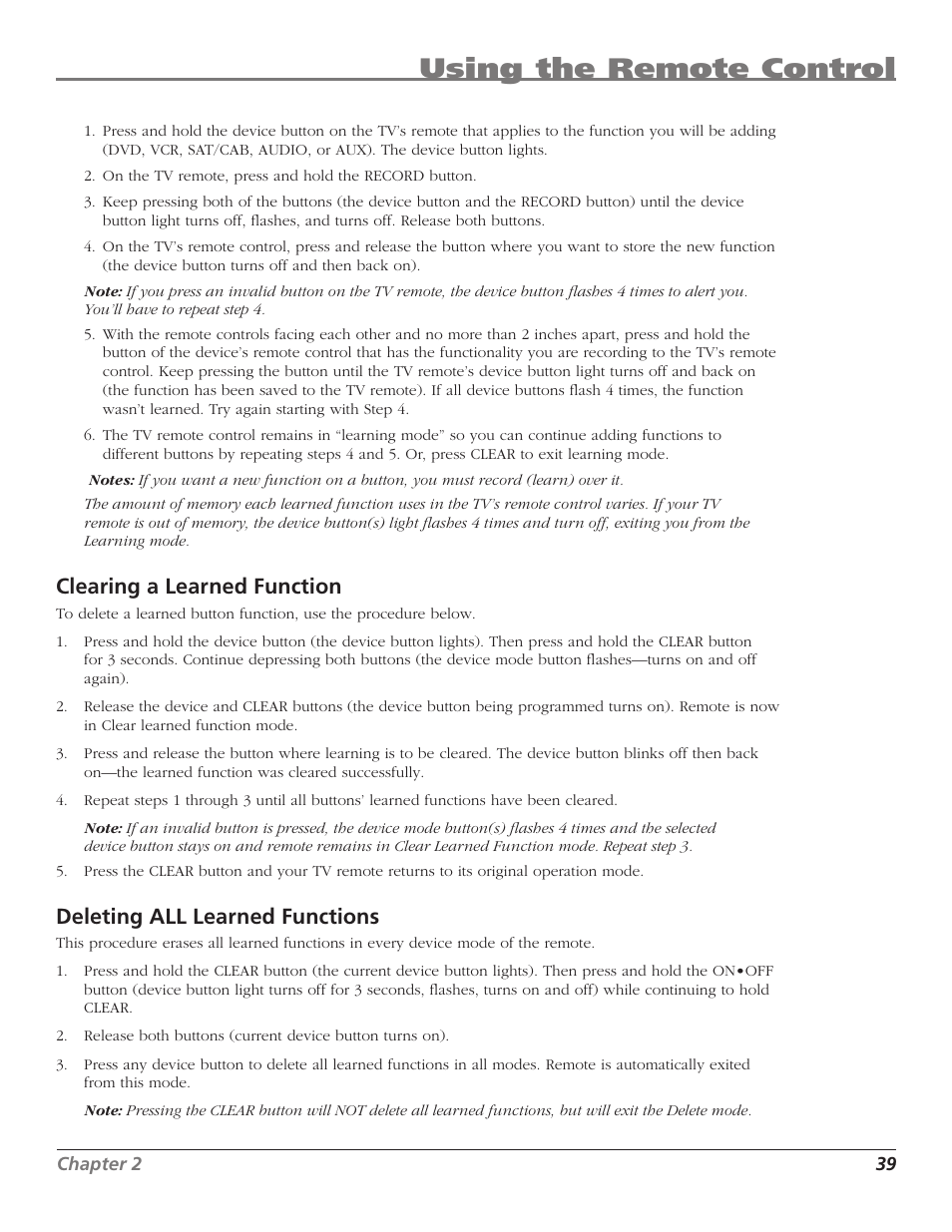 Using the remote control, Clearing a learned function, Deleting all learned functions | RCA HD50LPW167 User Manual | Page 41 / 96