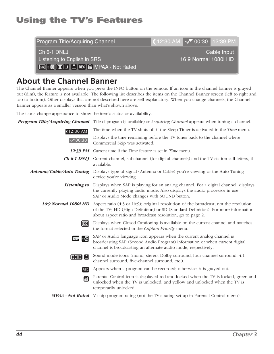 Using the tv’s features, About the channel banner | RCA HD50LPW167 User Manual | Page 46 / 96