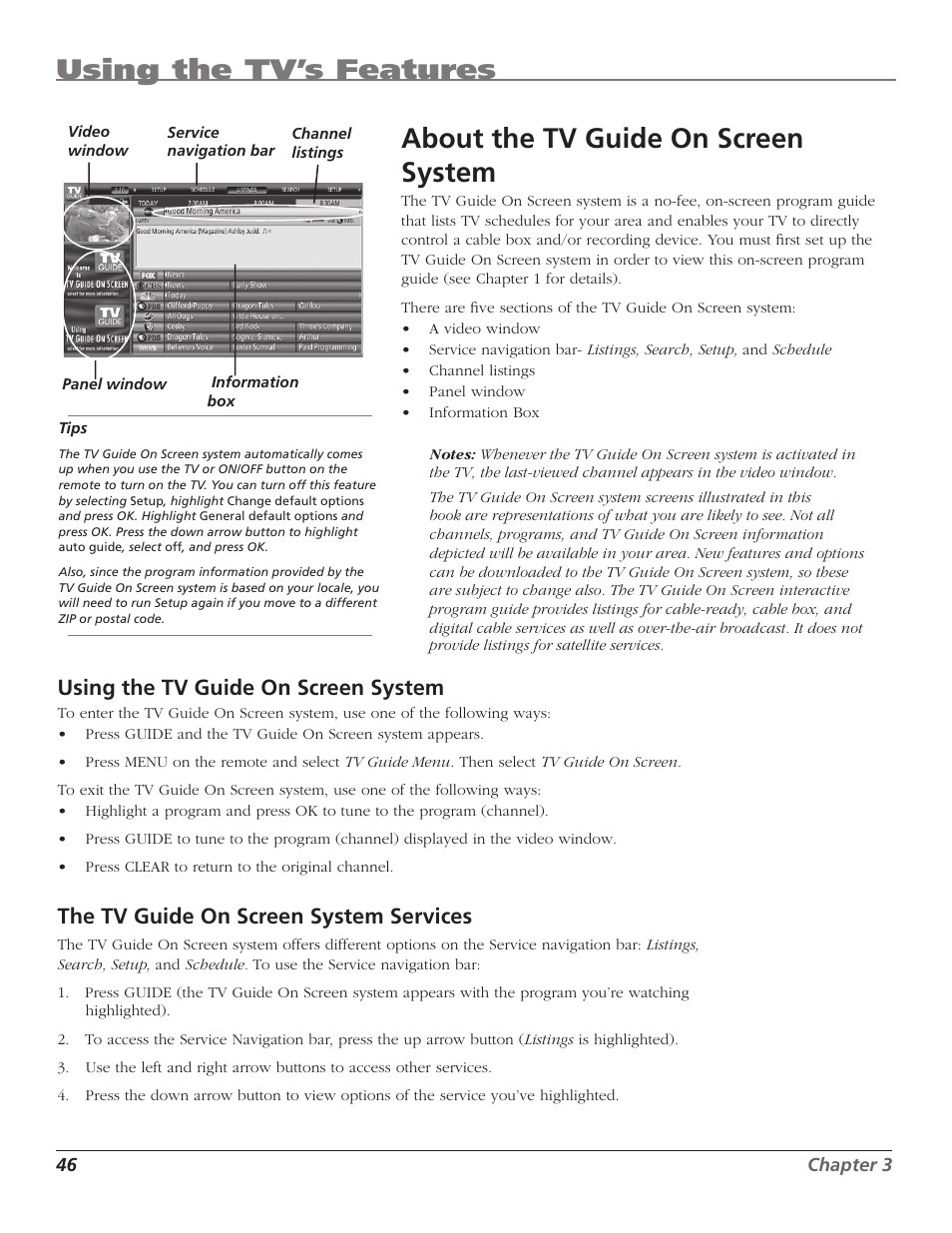 Using the tv’s features, About the tv guide on screen system, Using the tv guide o n screen system | The tv guide o n screen system services | RCA HD50LPW167 User Manual | Page 48 / 96