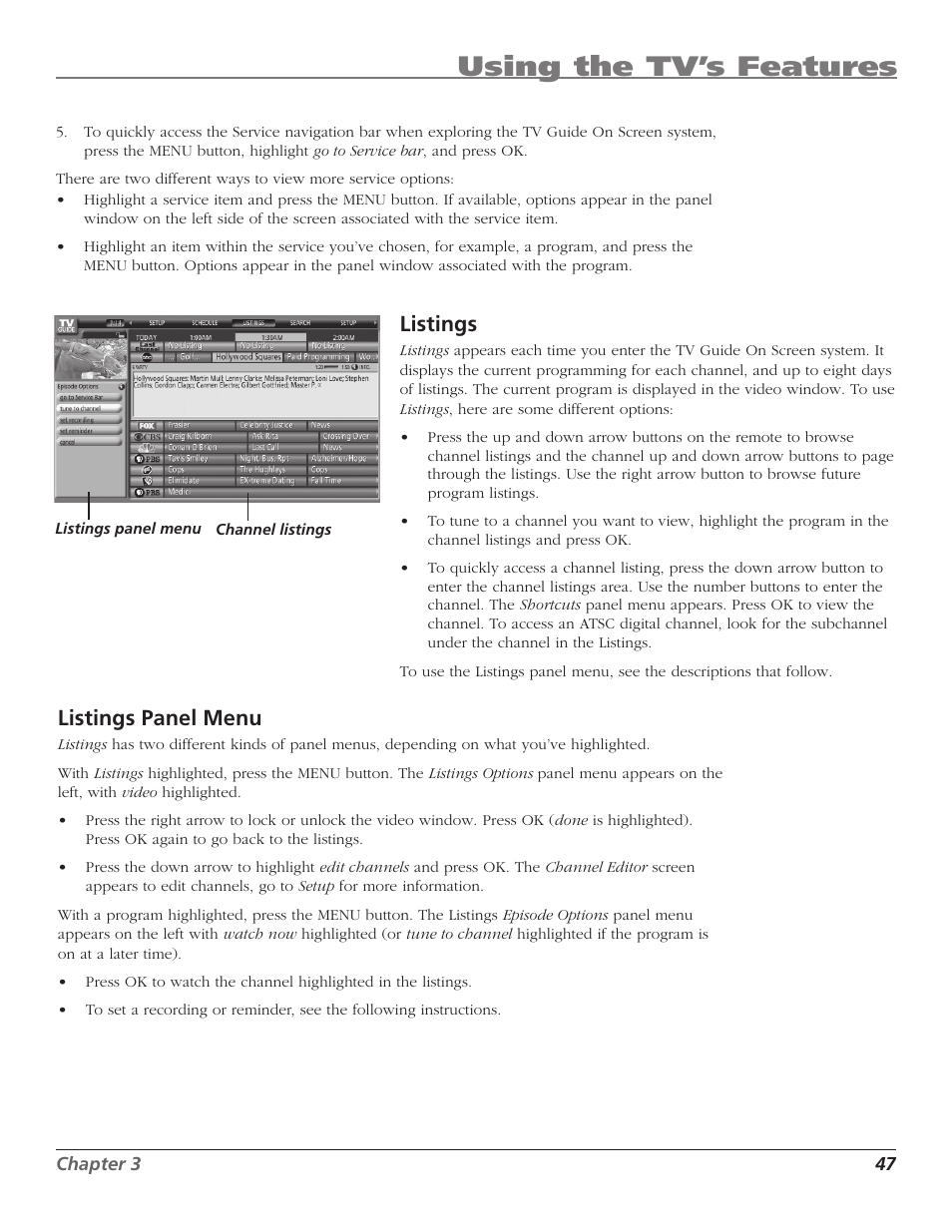 Using the tv’s features, Listings, Listings panel menu | RCA HD50LPW167 User Manual | Page 49 / 96