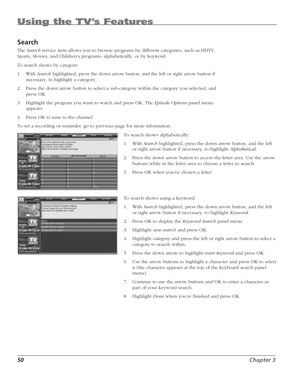 Using the tv’s features, Search | RCA HD50LPW167 User Manual | Page 52 / 96