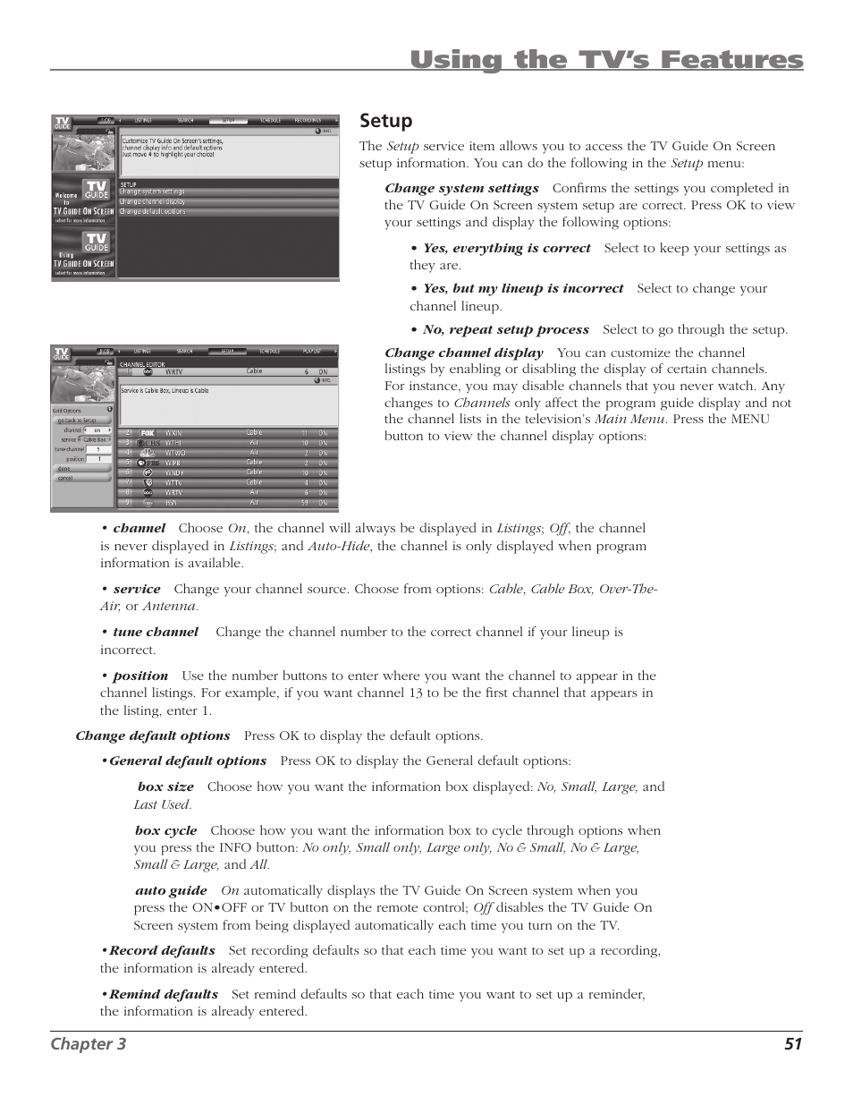 Using the tv’s features, Setup | RCA HD50LPW167 User Manual | Page 53 / 96