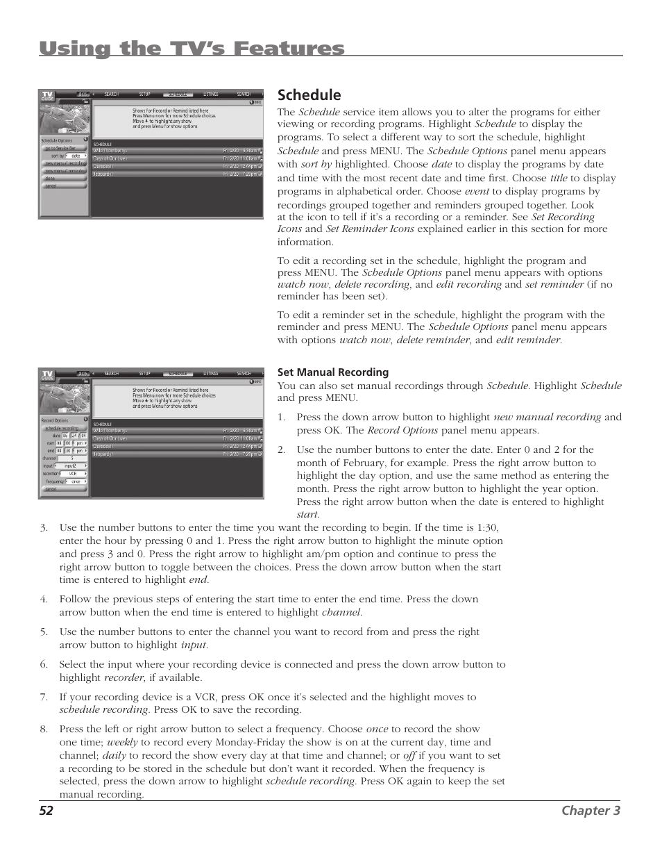 Using the tv’s features, Schedule | RCA HD50LPW167 User Manual | Page 54 / 96