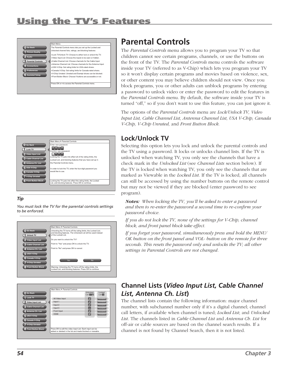 Using the tv’s features, Parental controls, Lock/unlock tv | 54 chapter 3 | RCA HD50LPW167 User Manual | Page 56 / 96