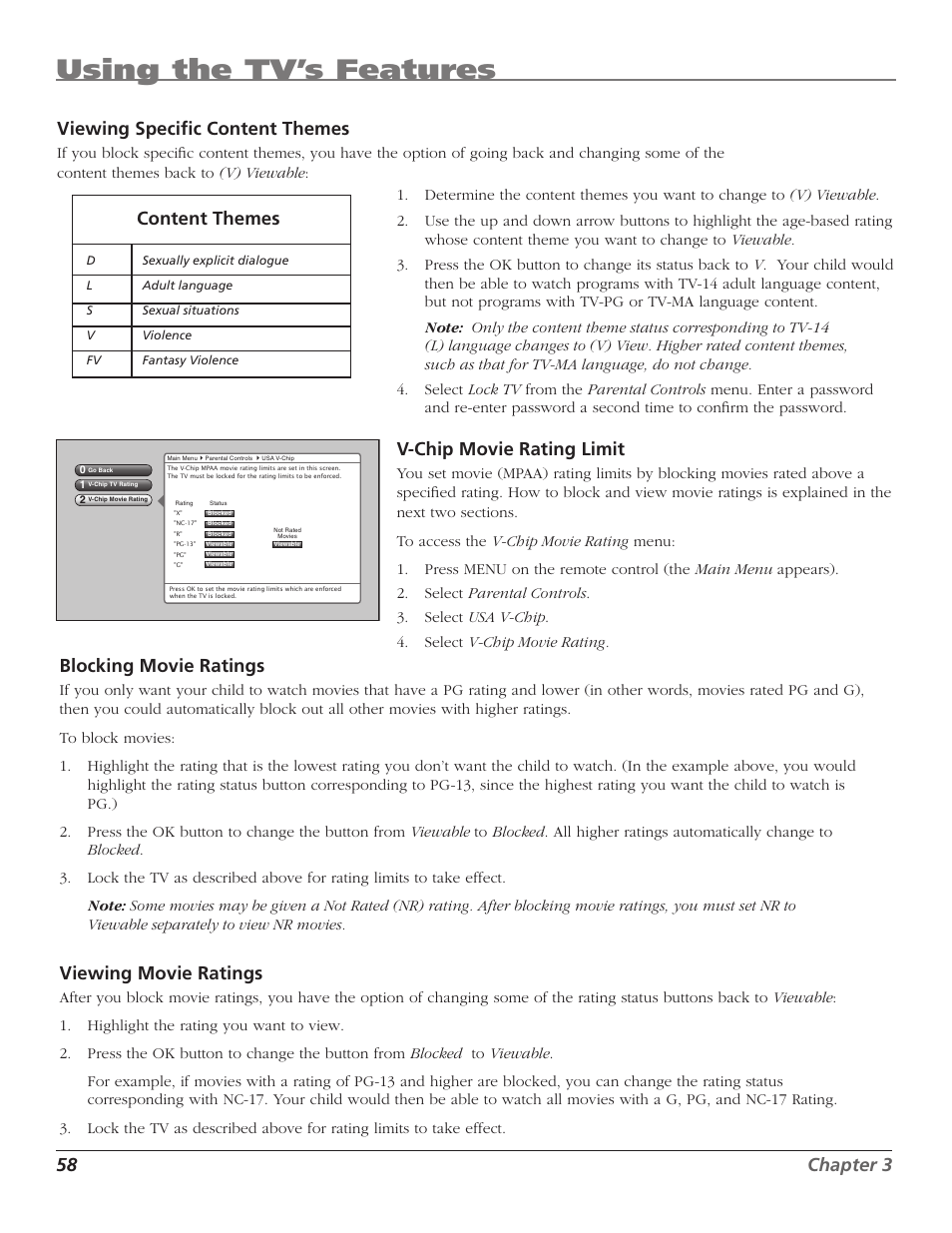 Using the tv’s features, 58 chapter 3 viewing specifi c content themes, Content themes | V-chip movie rating limit, Blocking movie ratings, Viewing movie ratings | RCA HD50LPW167 User Manual | Page 60 / 96