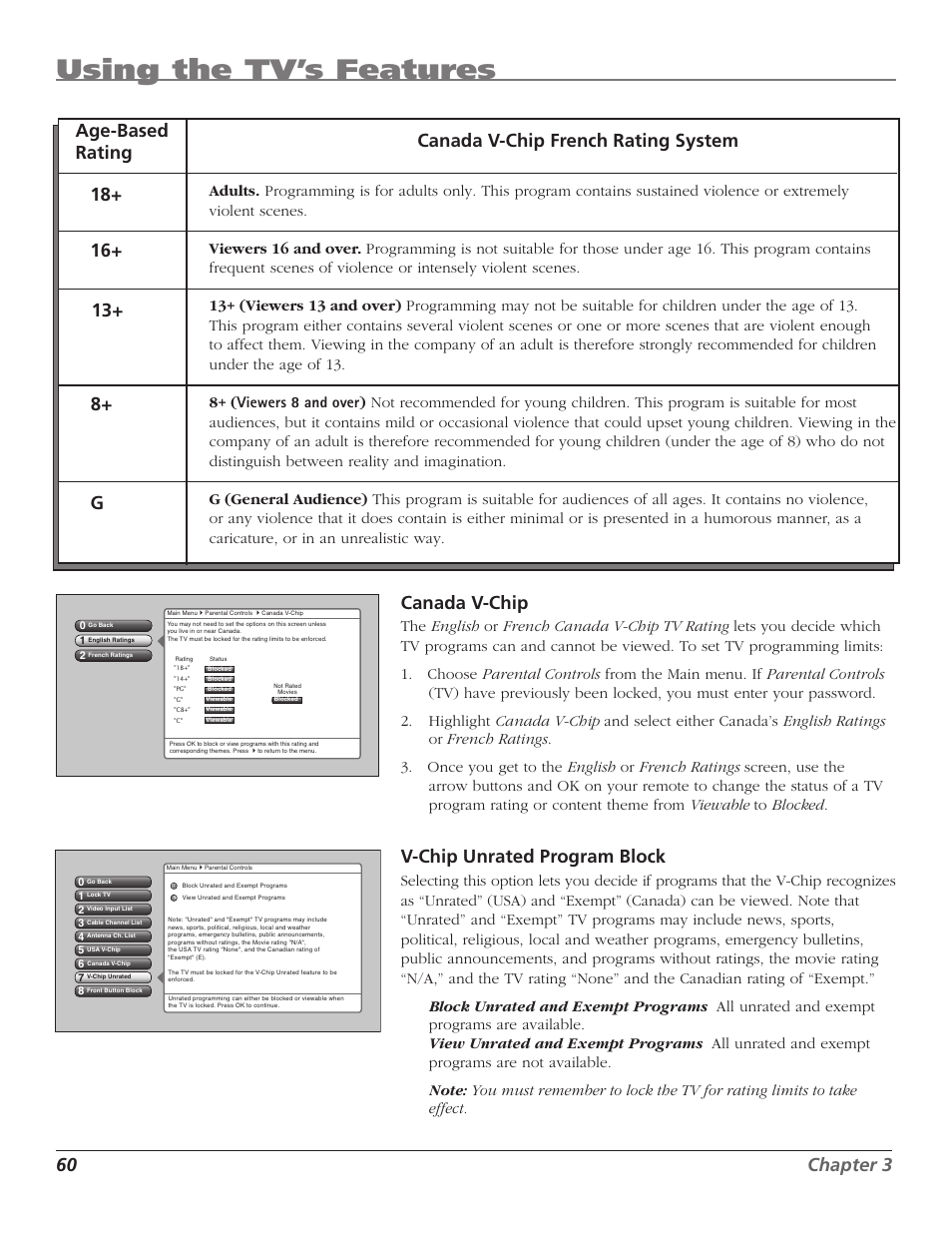 Using the tv’s features, 60 chapter 3 canada v-chip, V-chip unrated program block | RCA HD50LPW167 User Manual | Page 62 / 96