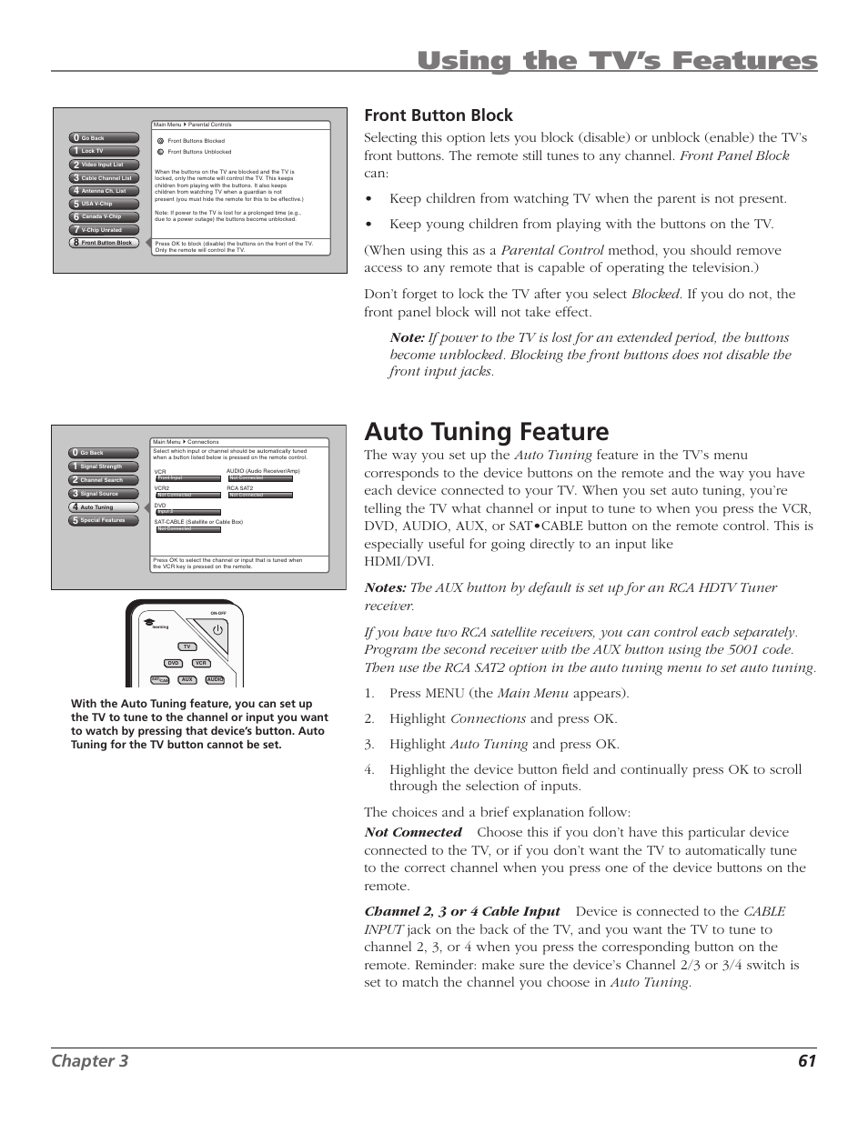 Using the tv’s features, Auto tuning feature, Chapter 3 61 front button block | RCA HD50LPW167 User Manual | Page 63 / 96