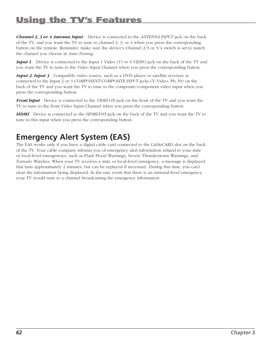 Using the tv’s features, Emergency alert system (eas) | RCA HD50LPW167 User Manual | Page 64 / 96