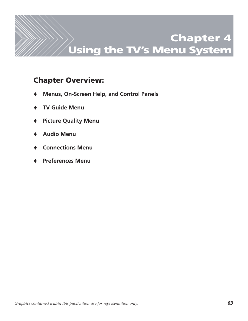 Chapter 4 using the tv’s menu system, Chapter overview | RCA HD50LPW167 User Manual | Page 65 / 96