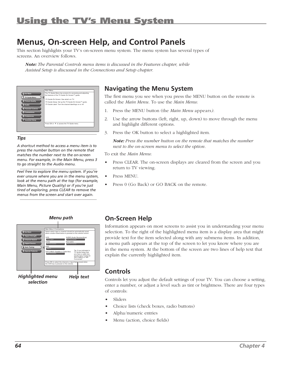 Using the tv’s menu system, Menus, on-screen help, and control panels, Navigating the menu system | On-screen help, Control s, 64 chapter 4, Tips, Menu path help text highlighted menu selection | RCA HD50LPW167 User Manual | Page 66 / 96