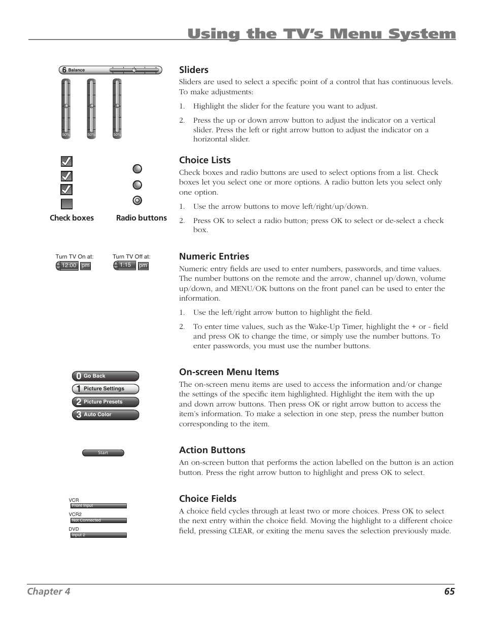 Using the tv’s menu system, Chapter 4 65, Sliders | Choice lists, Numeric entries, On-screen menu items, Action buttons, Choice fields | RCA HD50LPW167 User Manual | Page 67 / 96