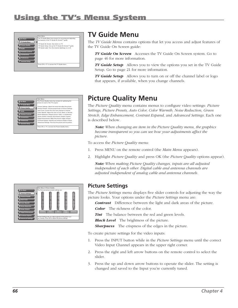 Using the tv’s menu system tv guide menu, Picture quality menu, Picture settings | 66 chapter 4 | RCA HD50LPW167 User Manual | Page 68 / 96