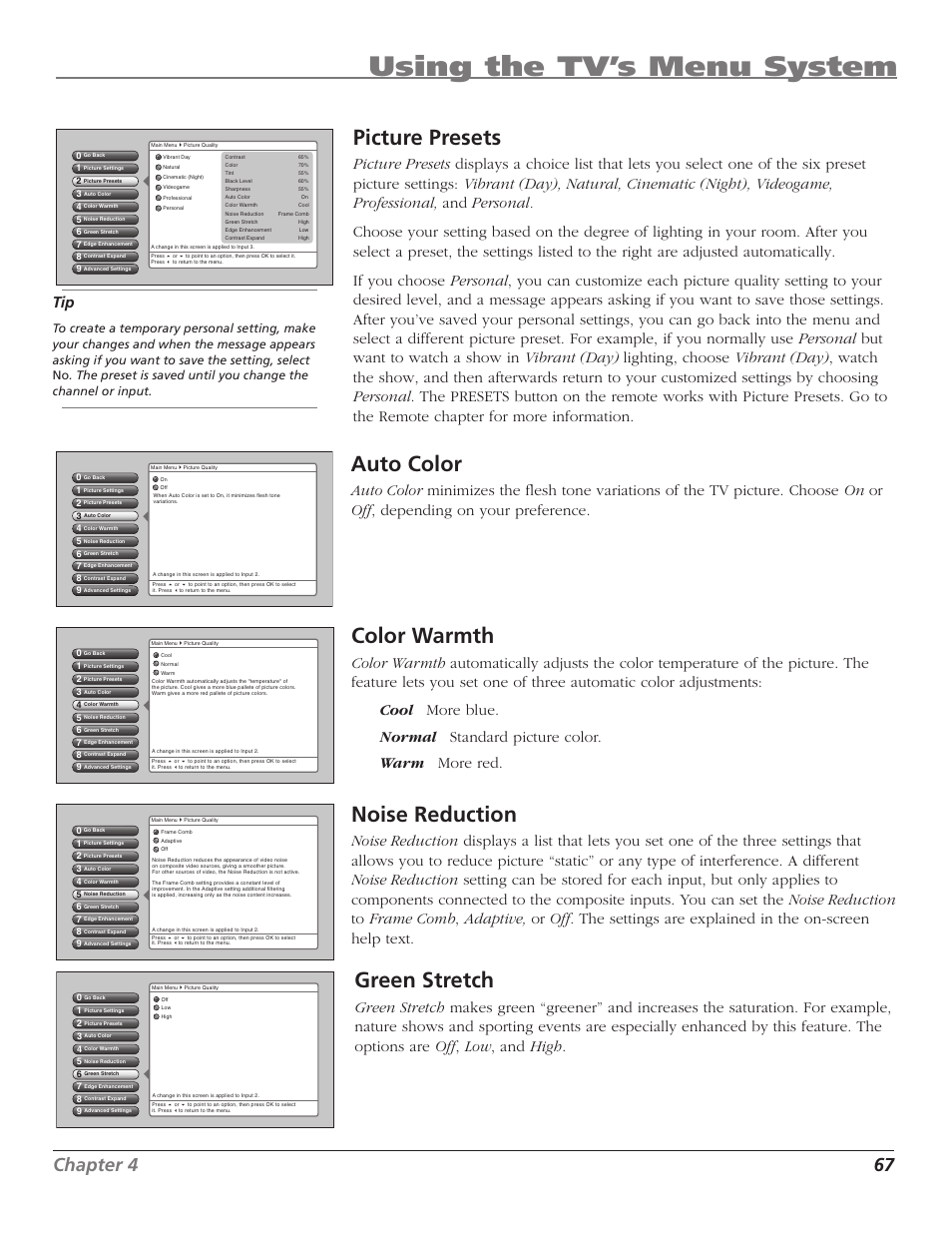 Using the tv’s menu system, Auto color, Picture presets | Color warmth, Noise reduction, Green stretch, Chapter 4 67 | RCA HD50LPW167 User Manual | Page 69 / 96