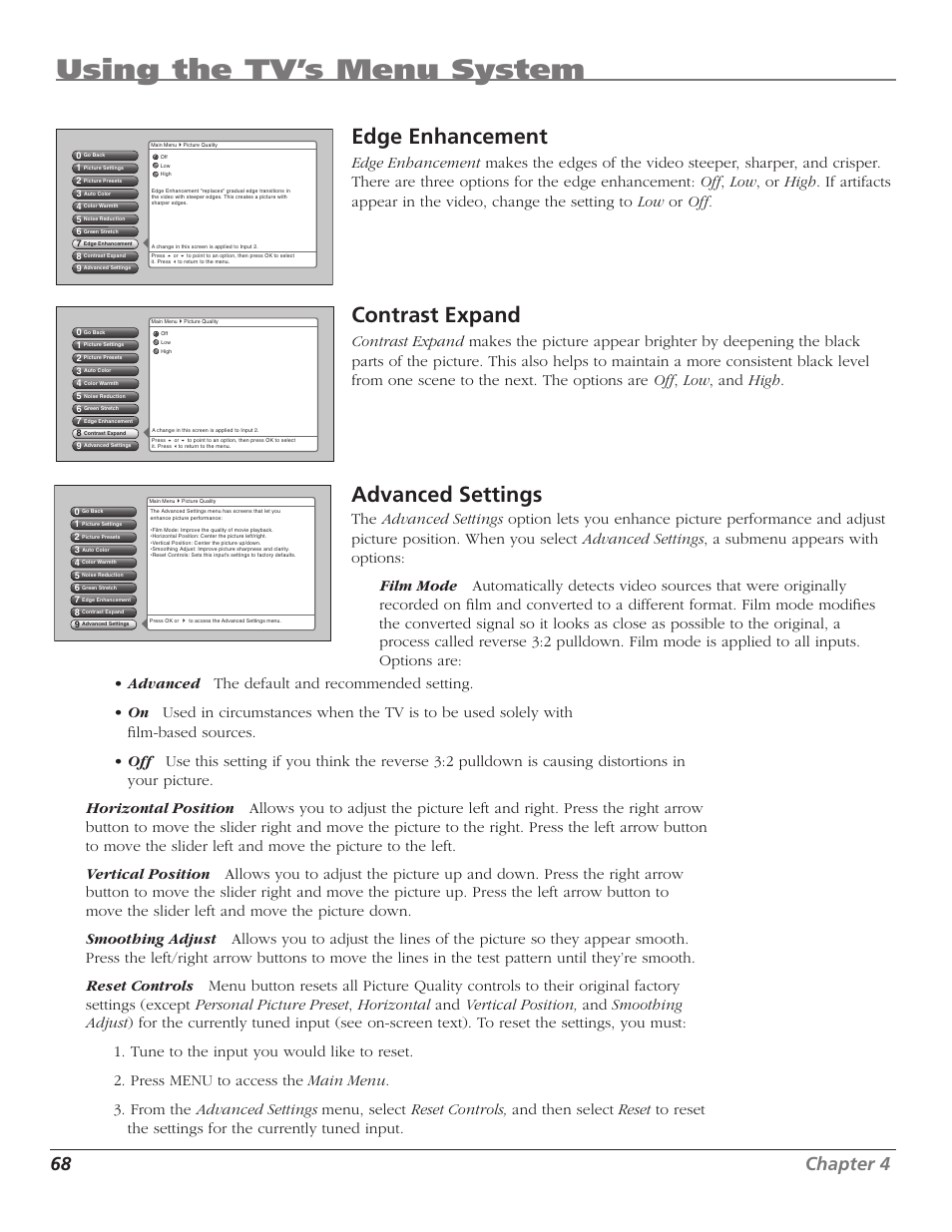 Using the tv’s menu system, Edge enhancement, Contrast expand | Advanced settings, 68 chapter 4 | RCA HD50LPW167 User Manual | Page 70 / 96