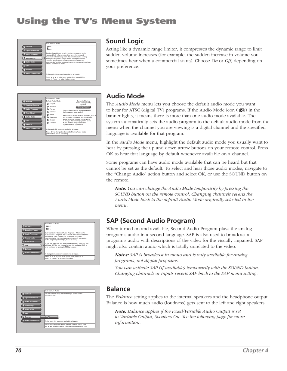 Using the tv’s menu system, Sound logic, Audio mode | Sap (second audio program), Balance, 70 chapter 4 | RCA HD50LPW167 User Manual | Page 72 / 96