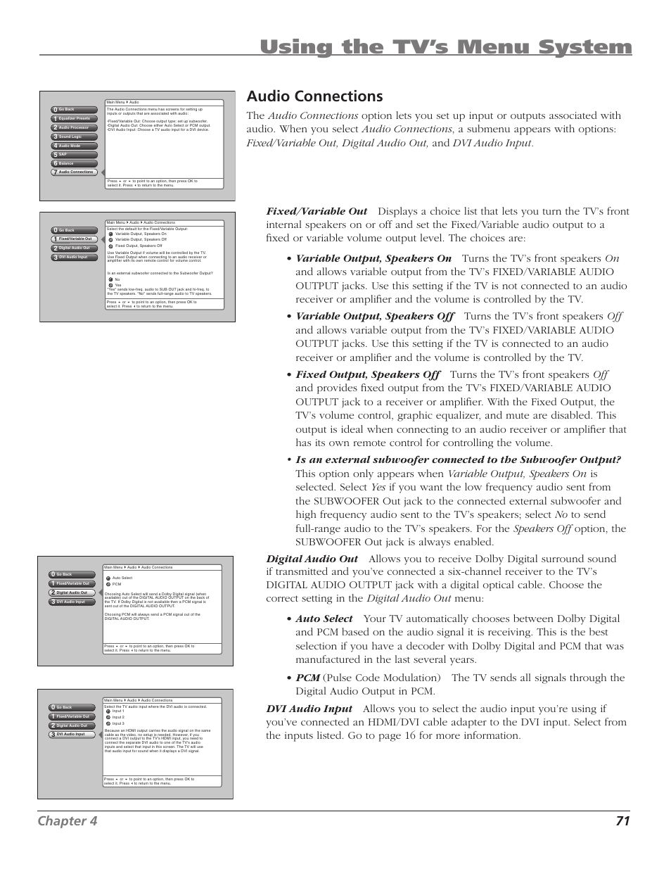 Using the tv’s menu system, Audio connections, Chapter 4 71 | RCA HD50LPW167 User Manual | Page 73 / 96