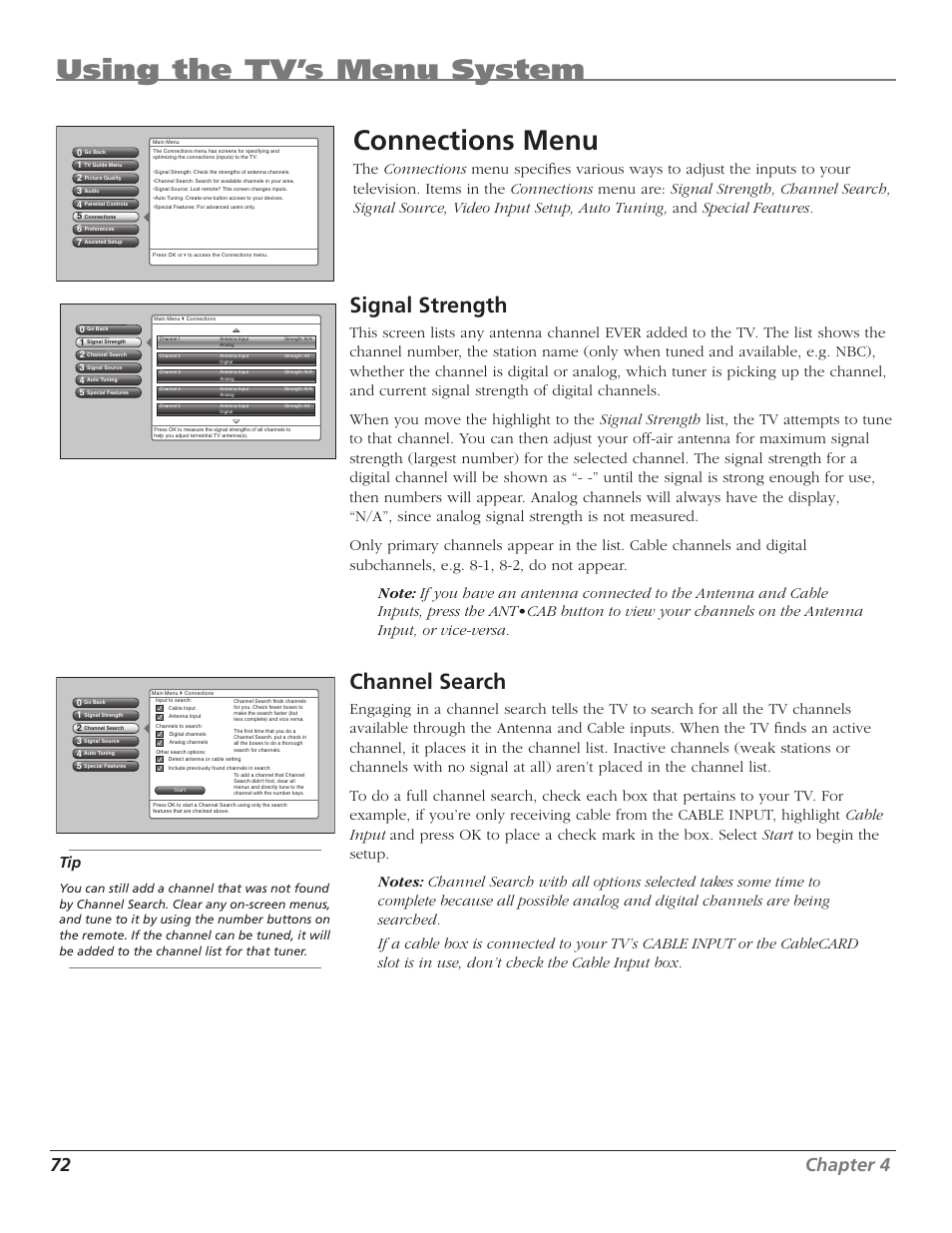 Using the tv’s menu system, Connections menu, Signal strength | Channel search, 72 chapter 4 | RCA HD50LPW167 User Manual | Page 74 / 96