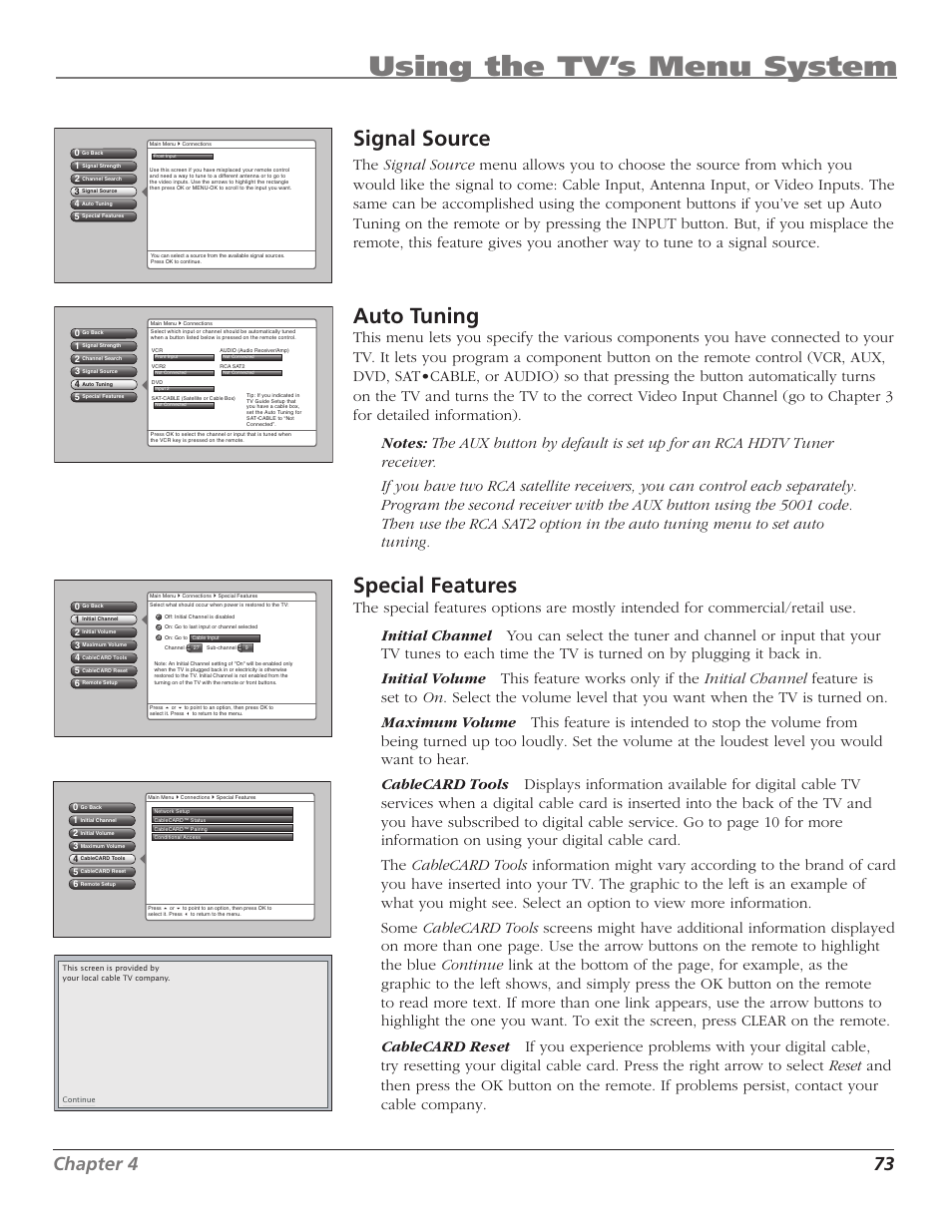 Using the tv’s menu system, Signal source, Auto tuning | Special features, Chapter 4 73 | RCA HD50LPW167 User Manual | Page 75 / 96