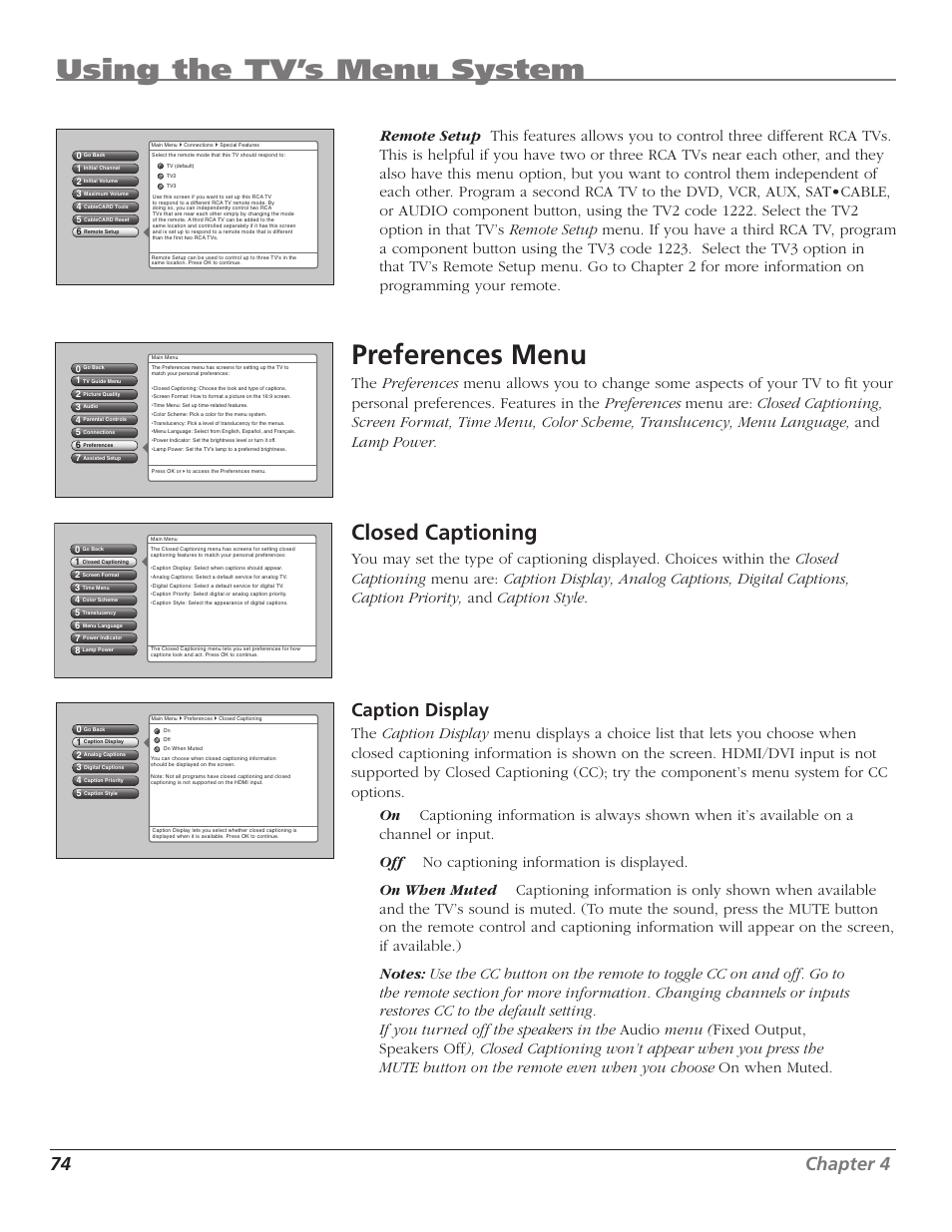 Using the tv’s menu system, Preferences menu, Closed captioning | 74 chapter 4, Caption display | RCA HD50LPW167 User Manual | Page 76 / 96