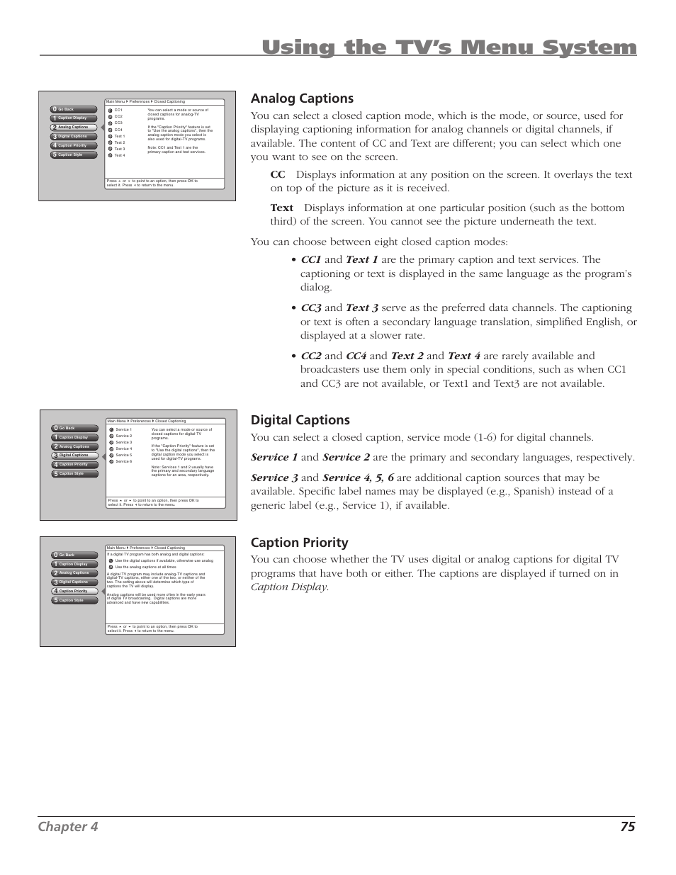 Using the tv’s menu system, Chapter 4 75, Analog captions | Digital captions, Caption priority | RCA HD50LPW167 User Manual | Page 77 / 96