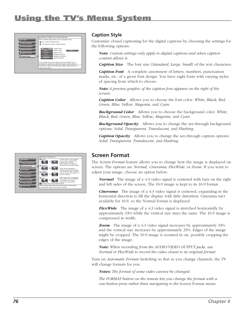 Using the tv’s menu system, Screen format, 76 chapter 4 | Caption style | RCA HD50LPW167 User Manual | Page 78 / 96