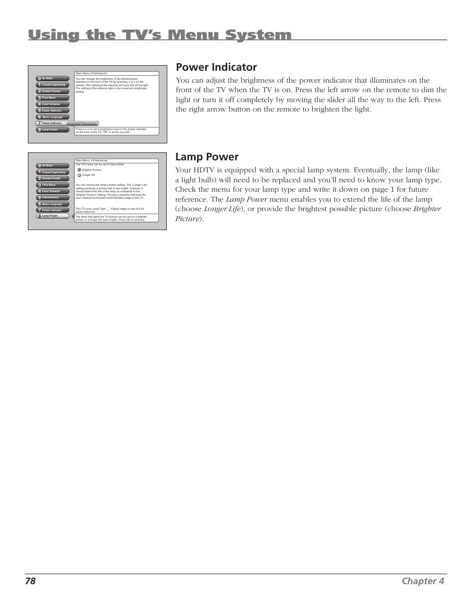 Using the tv’s menu system, Power indicator, Lamp power | 78 chapter 4 | RCA HD50LPW167 User Manual | Page 80 / 96