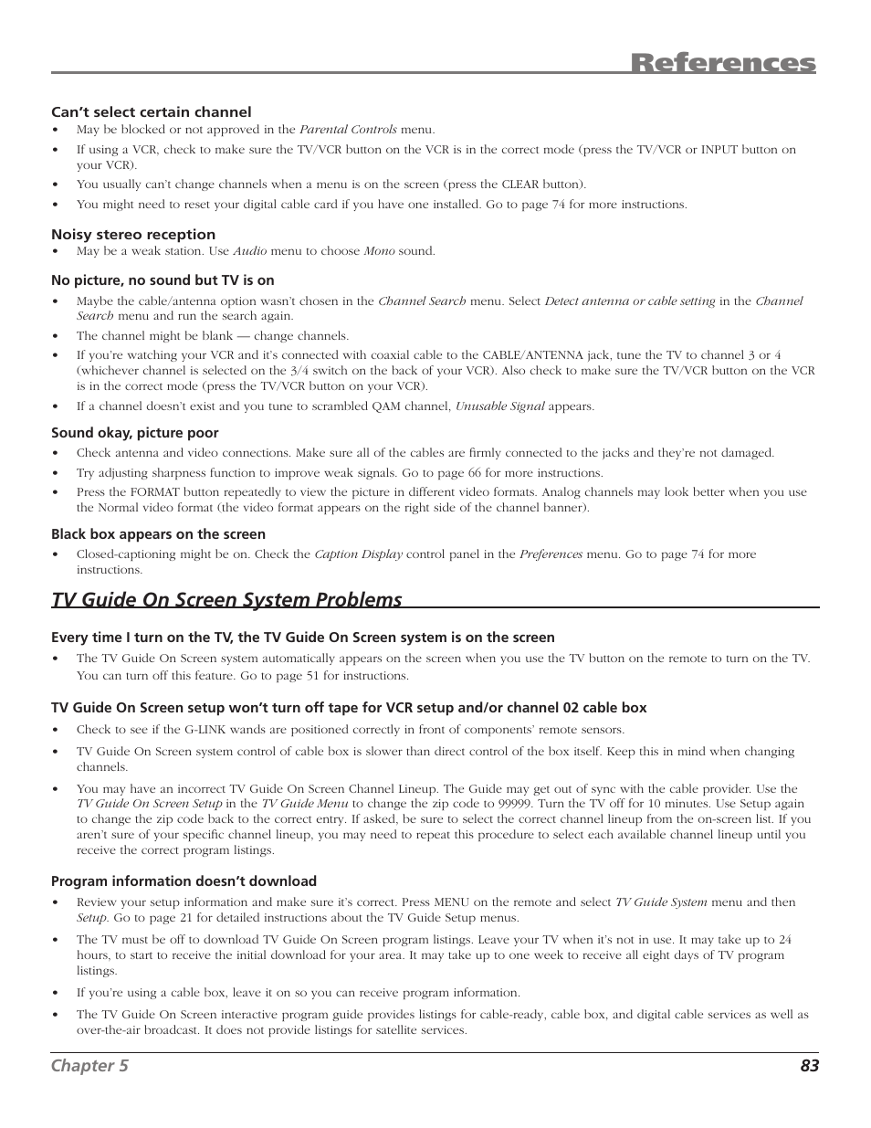 References, Tv guide on screen system problems | RCA HD50LPW167 User Manual | Page 85 / 96