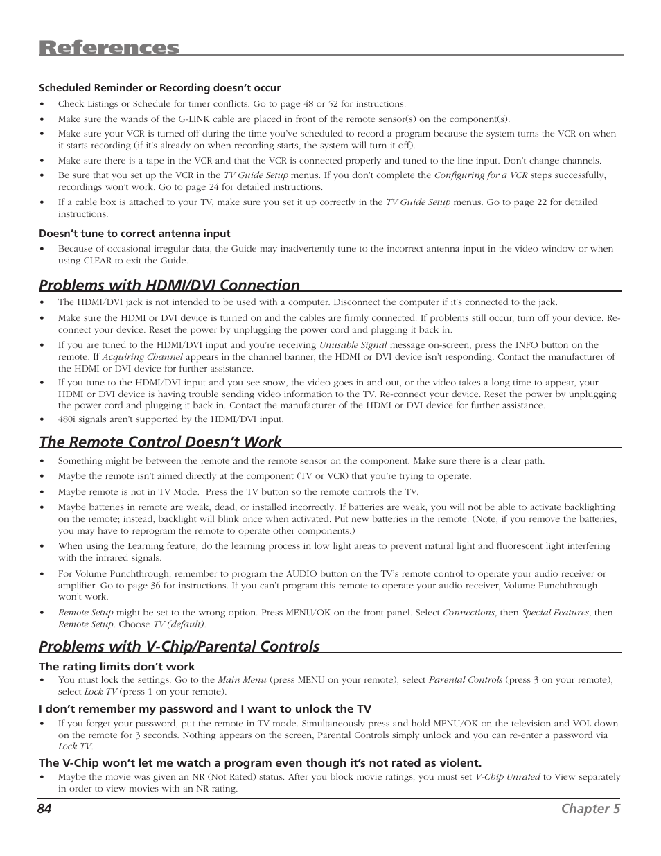 References, Problems with hdmi/dvi connection, The remote control doesn’t work | Problems with v-chip/parental controls | RCA HD50LPW167 User Manual | Page 86 / 96