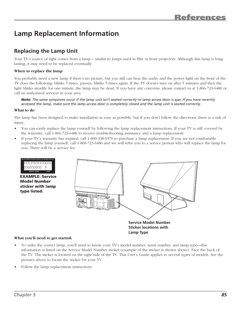 References, Lamp replacement information, Replacing the lamp unit | RCA HD50LPW167 User Manual | Page 87 / 96