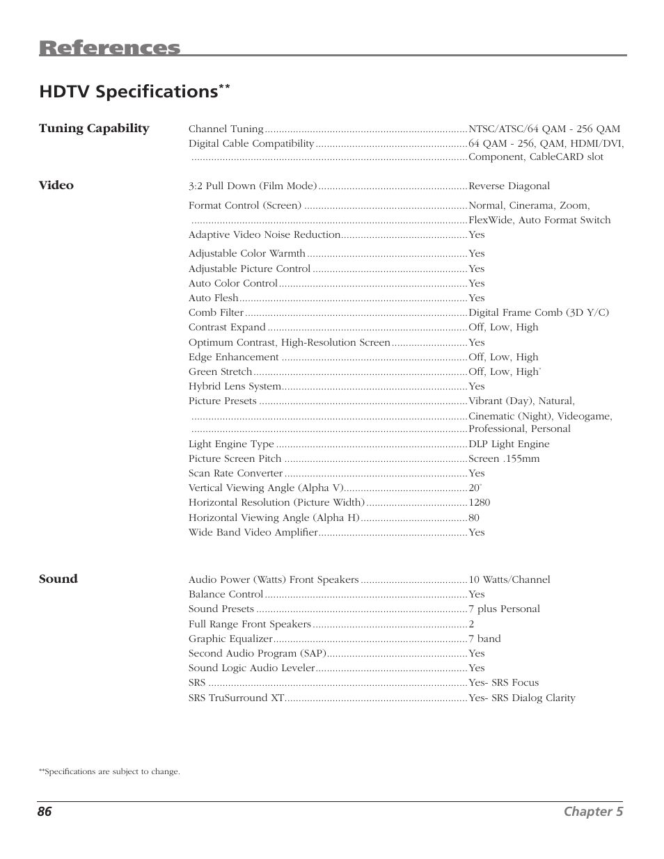 References, Hdtv specifi cations | RCA HD50LPW167 User Manual | Page 88 / 96