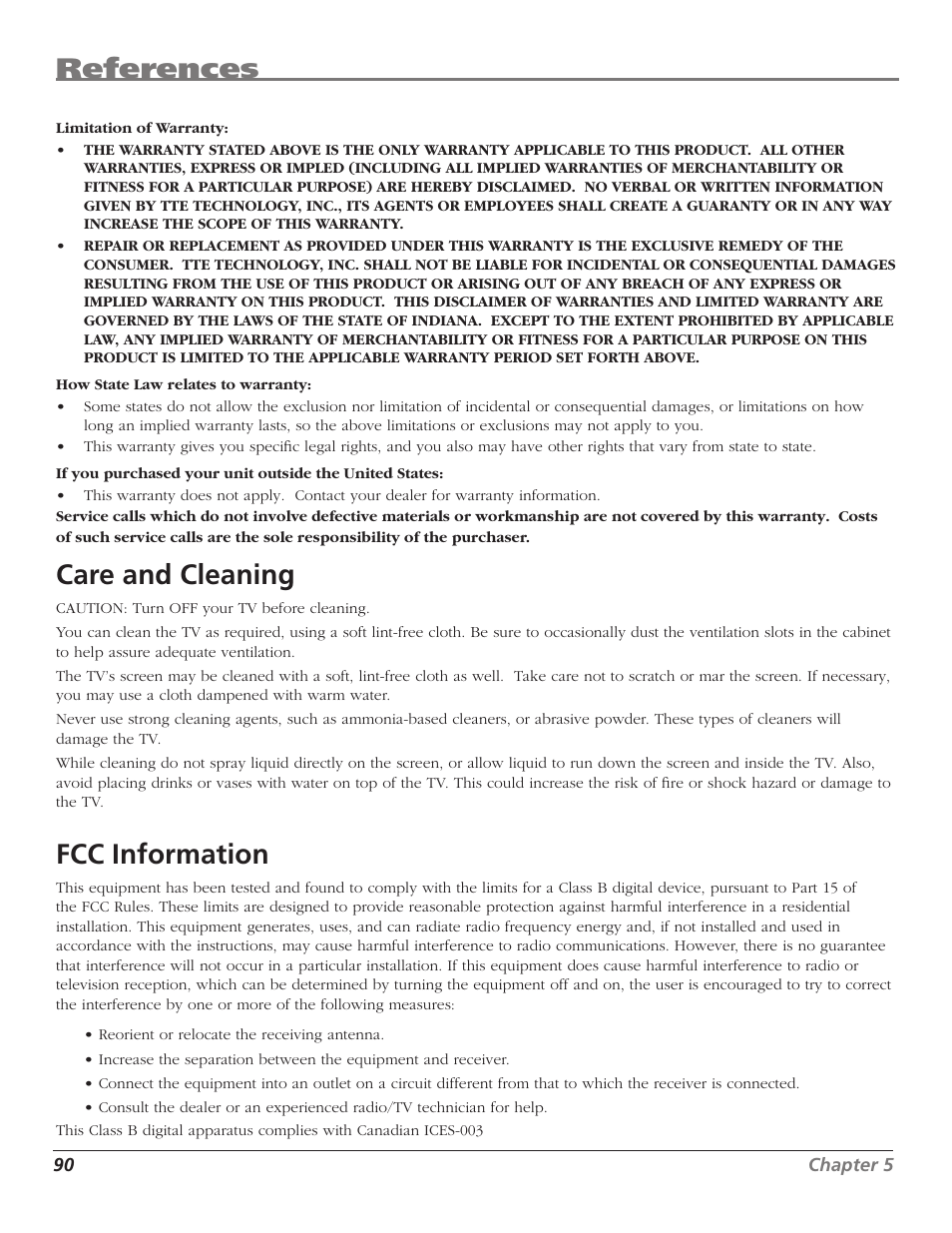 References, Care and c leaning, Fcc information | RCA HD50LPW167 User Manual | Page 92 / 96