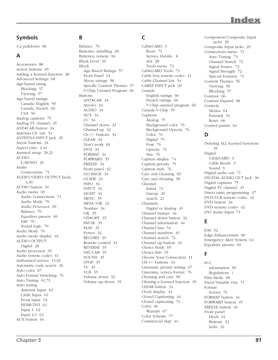 Index | RCA HD50LPW167 User Manual | Page 93 / 96