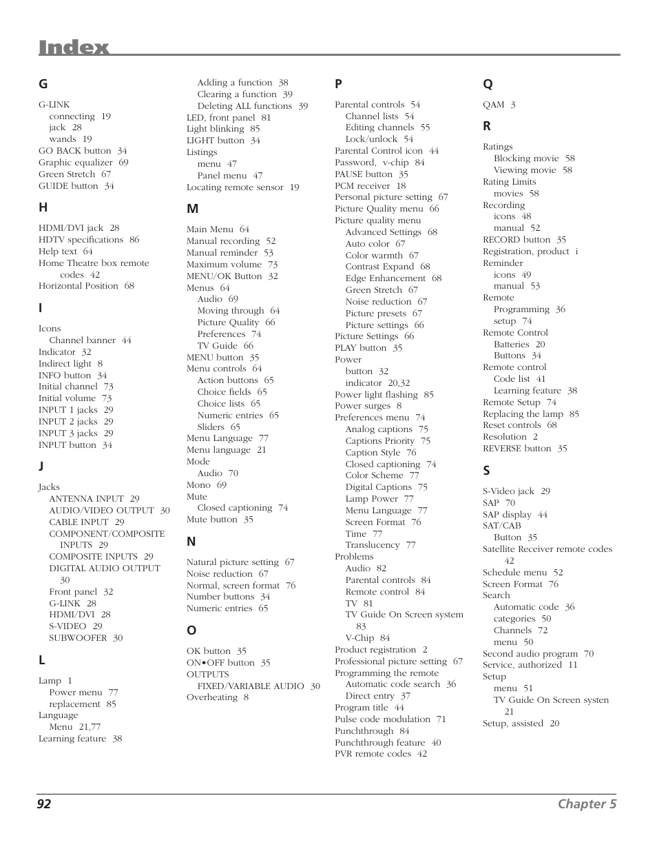 Index | RCA HD50LPW167 User Manual | Page 94 / 96