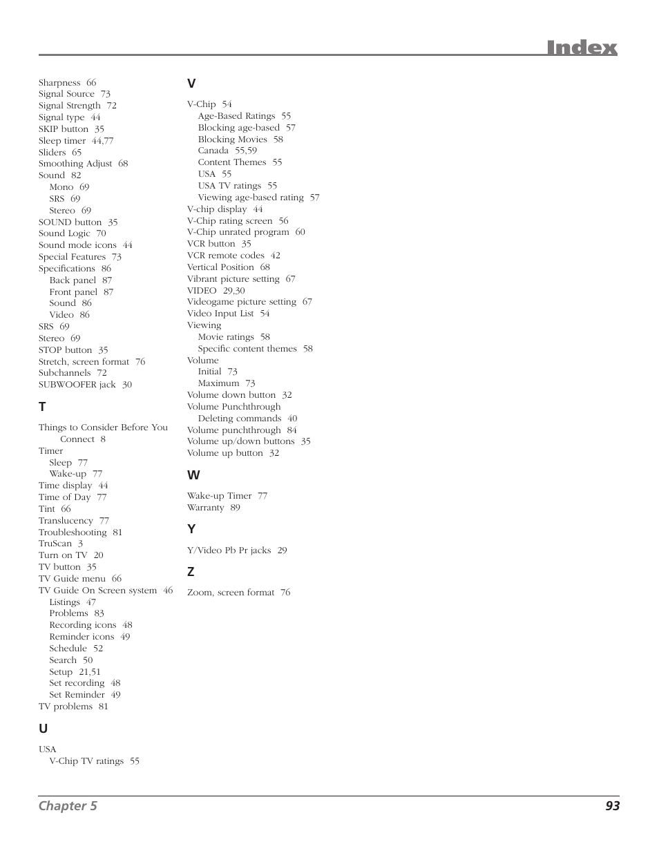 Index | RCA HD50LPW167 User Manual | Page 95 / 96