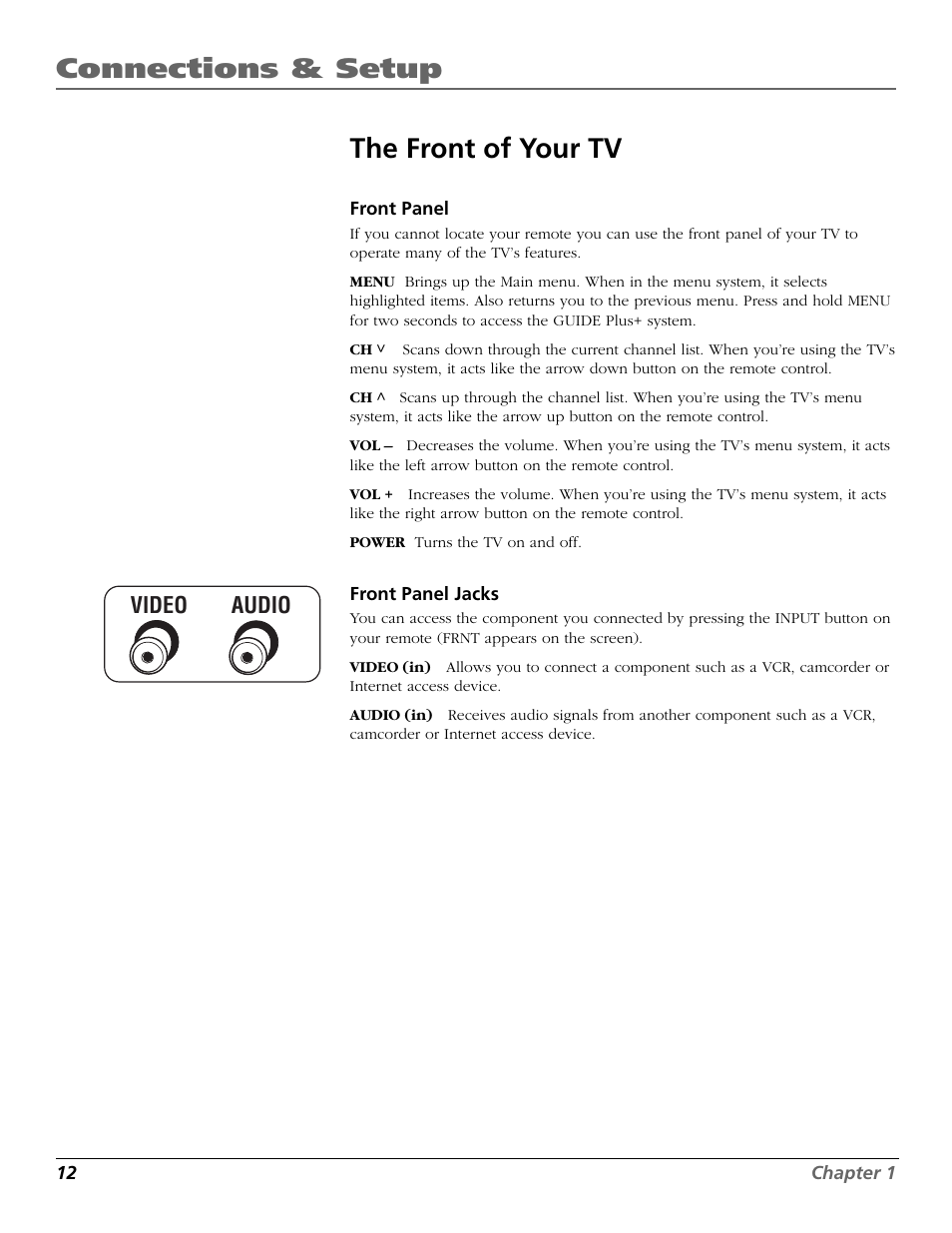 The front of your tv, Connections & setup, Audio video | RCA F19422 User Manual | Page 14 / 64