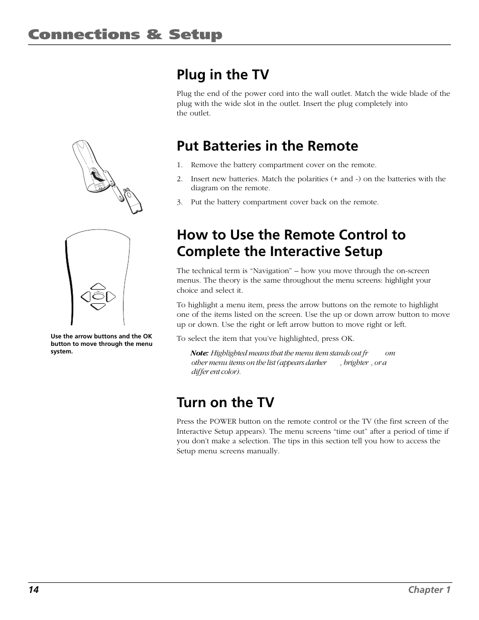 Plug in the tv, Put batteries in the remote, Turn on the tv | Connections & setup | RCA F19422 User Manual | Page 16 / 64