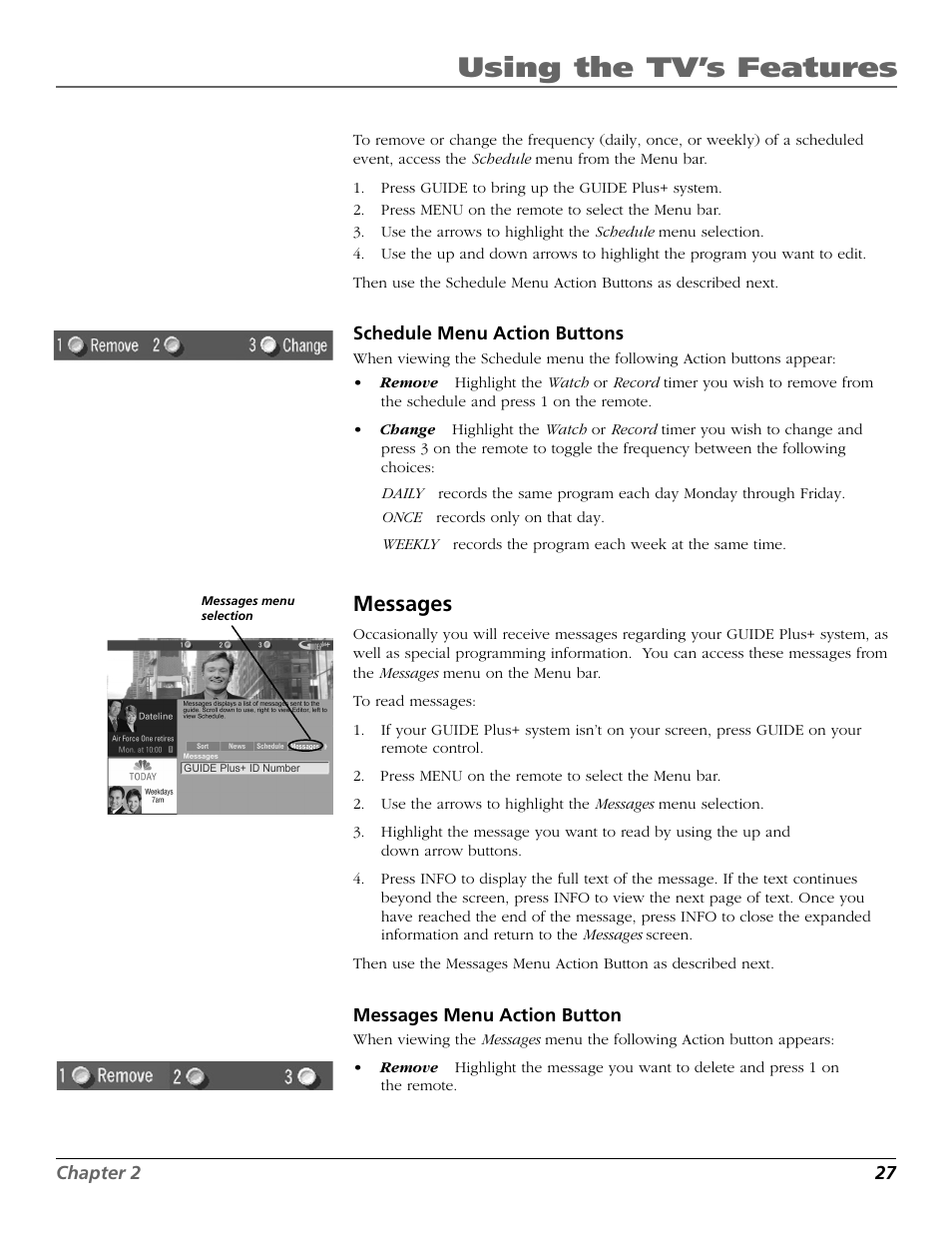 Messages, Using the tv’s features | RCA F19422 User Manual | Page 29 / 64