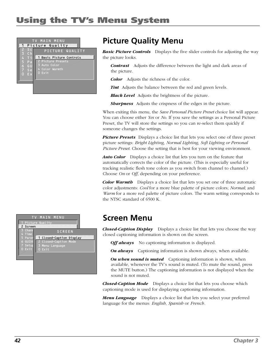 Picture quality menu, Screen menu, Using the tv’s menu system picture quality menu | RCA F19422 User Manual | Page 44 / 64