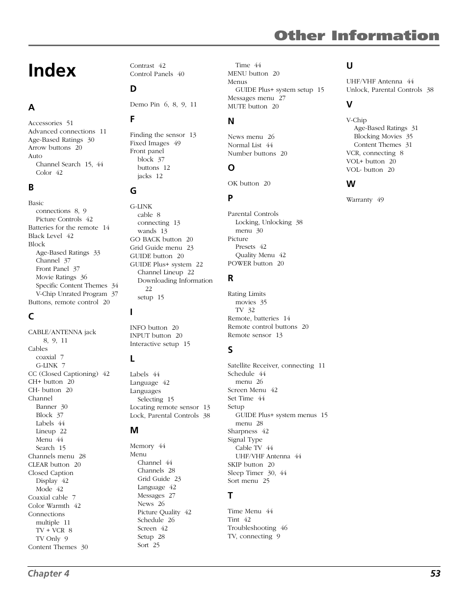 Index, Other information | RCA F19422 User Manual | Page 55 / 64