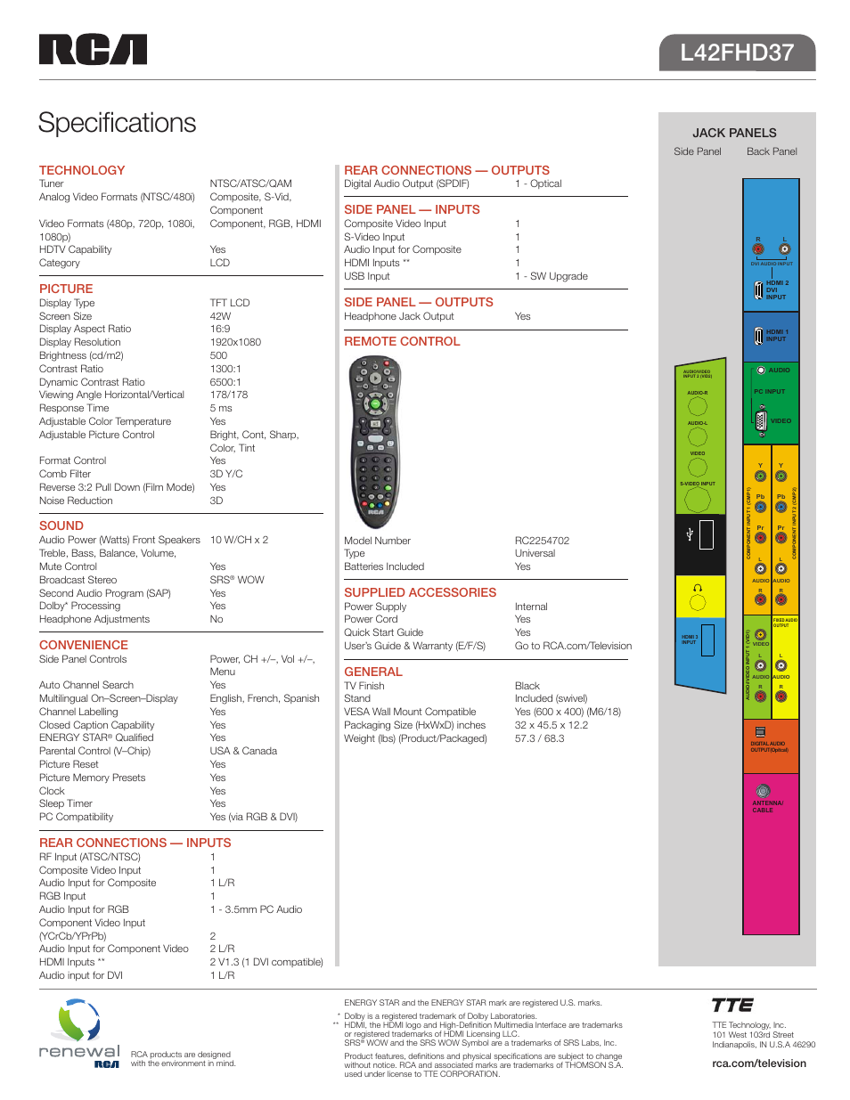 Specifications, L42fhd37, Tv522 rear av overlay | Tv522 side av overlay, Technology, Picture, Sound, Convenience, Rear connections — inputs, Rear connections — outputs | RCA L42FHD37 User Manual | Page 2 / 2