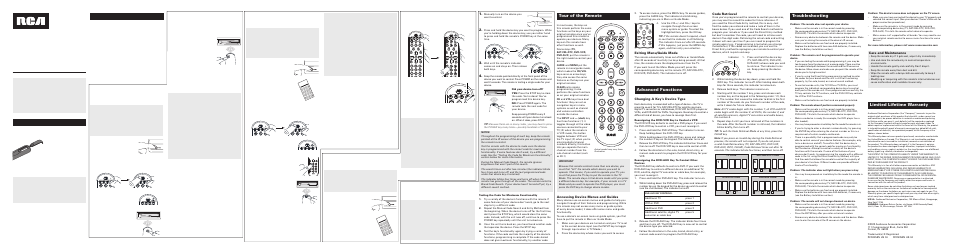 Care and maintenance, Changing a key’s device type, Code retrieval | Accessing device menus and guides, Exiting menu/guide mode | RCA RCR4358N User Manual | Page 2 / 4