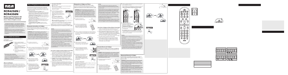 Ahorro de batería, Owner’s manual (english on back), Búsqueda automática de códigos | Búsqueda de códigos por marca, Entrada directa de códigos, Búsqueda manual de códigos | RCA RCR4358N User Manual | Page 3 / 4