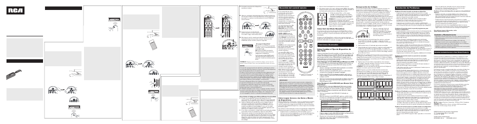 Cuidado y mantenimiento, Cómo cambiar el tipo de dispositivo de una tecla, Recuperación de códigos | Cómo salir del modo menú/guía | RCA RCR4358N User Manual | Page 4 / 4