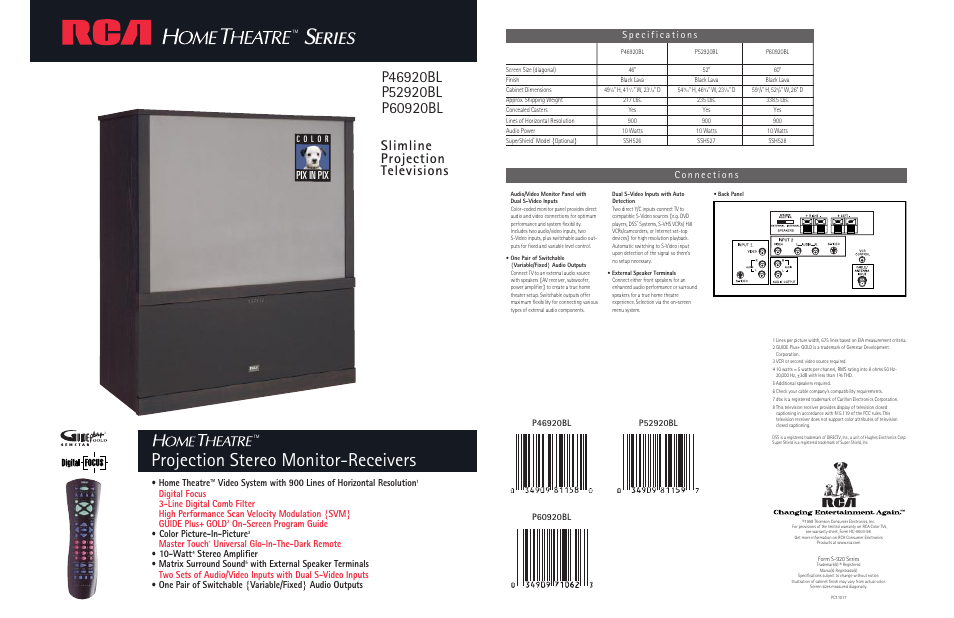 Projection stereo monitor-receivers, Eries, Slimline projection televisions | Pix in pix, Digital focus, Line digital comb filter, High performance scan velocity modulation {svm, Guide plus+ gold, On-screen program guide • color picture-in-picture, Master touch | RCA P46920BL User Manual | Page 4 / 4