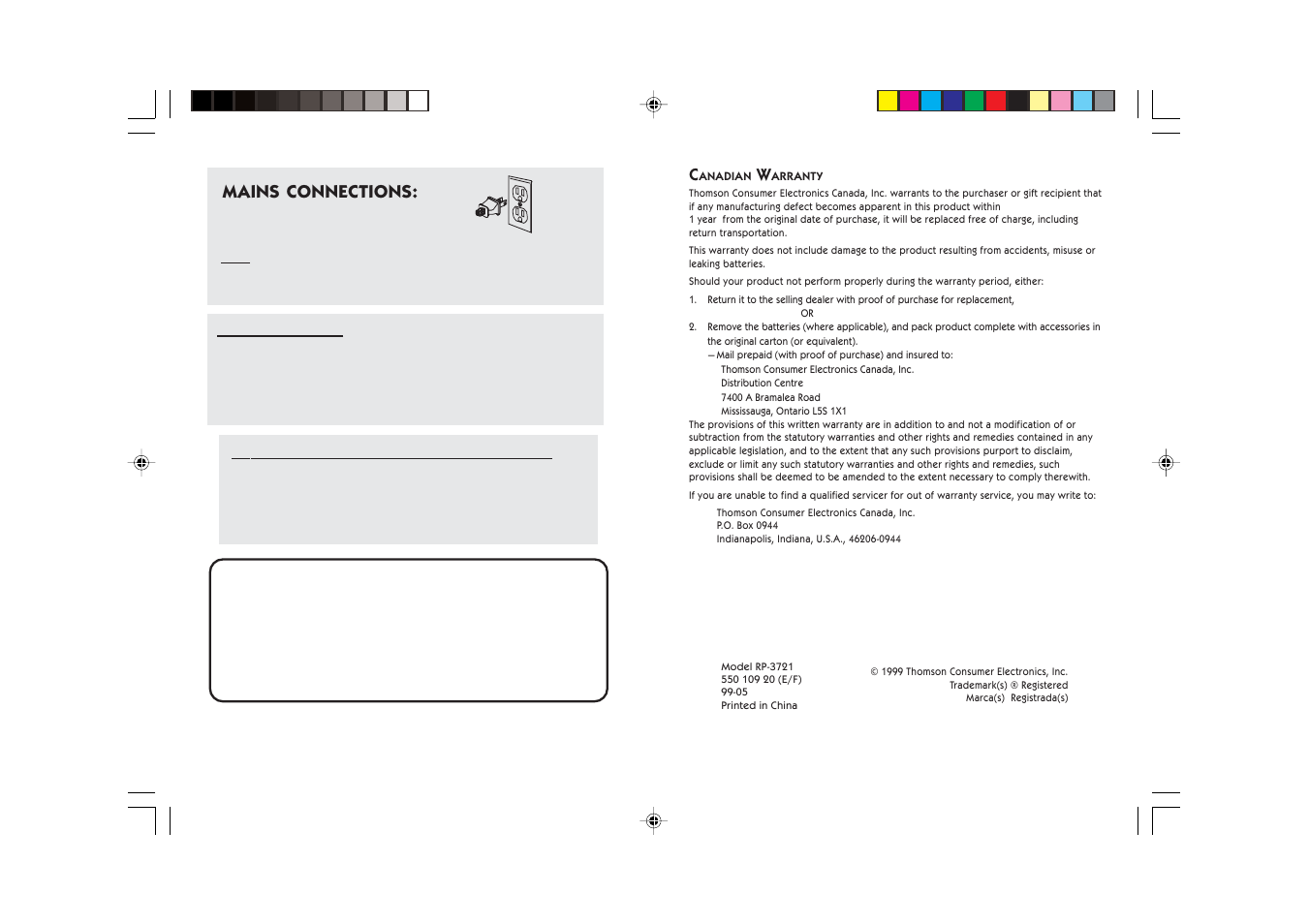 Mains connections, For your safety, Protection against mains power failures | RCA RP-3721 User Manual | Page 5 / 5